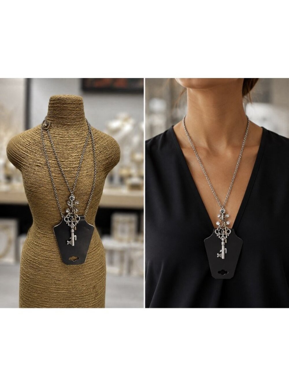 LB Lane Bryant Dark Silvertone Key Heart Bead Charm Necklace 39" Statement NEW